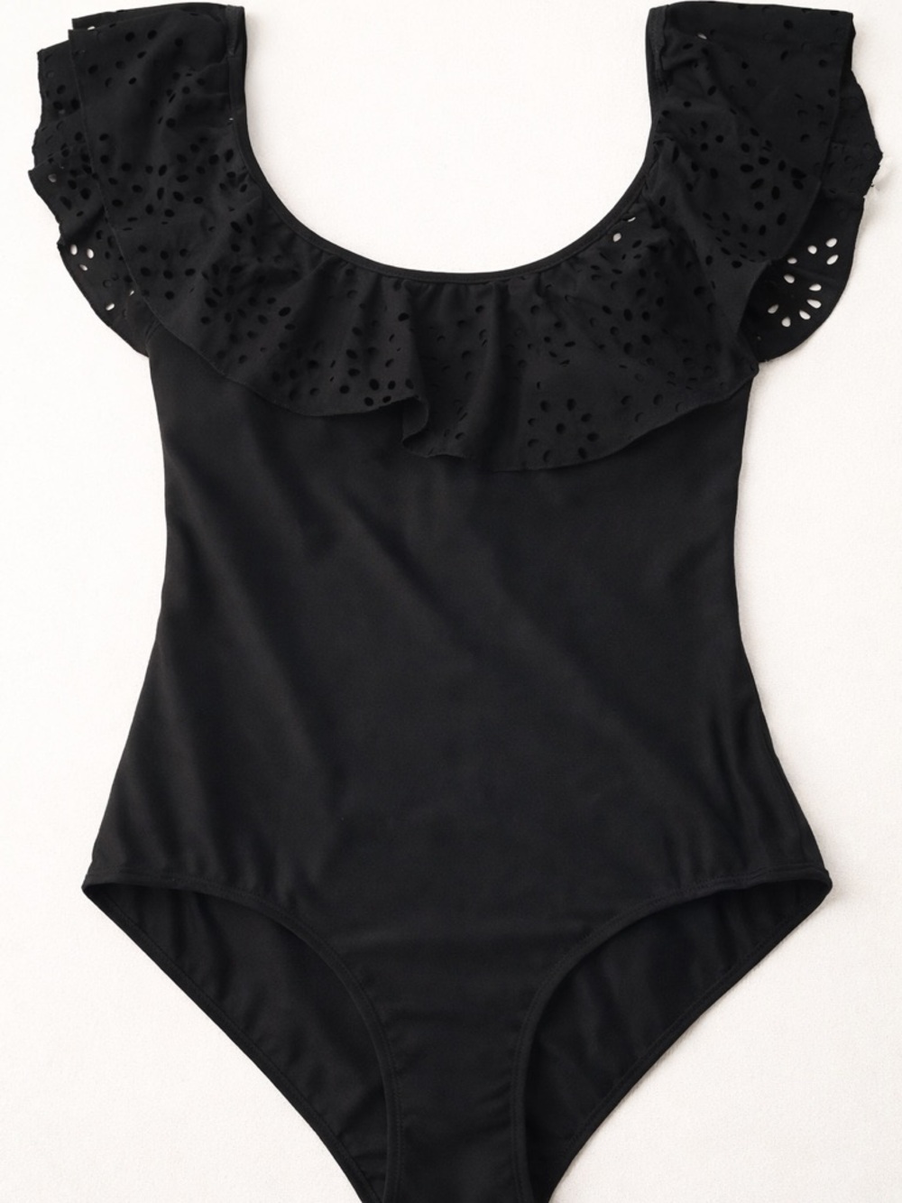 Black Ruffle Eyelet One Piece Swimsuit Neckline Classic Chic Swimwear. NWOT